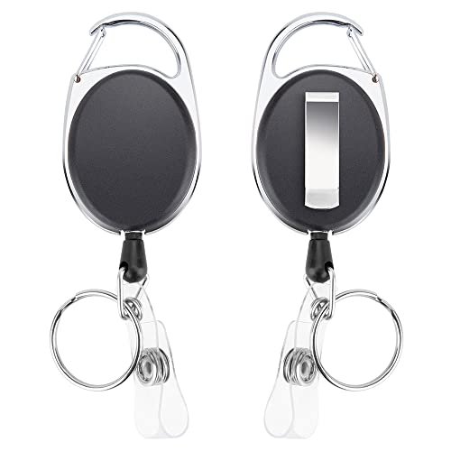 2 Pack Badge Holders and Heavy Duty Retractable Reel Clips Set, Vertical Leather ID Badge Holders with 1 Clear ID Window & 2 Credit Card Slots (Black-2pcs)