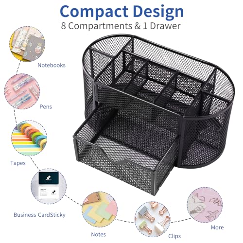 EOOUT Desk Organizer, Pencil Holder for Desk, Mesh Office Desk Accessories with 8 Compartments and 1 Drawer Stationery Holder School Supplies