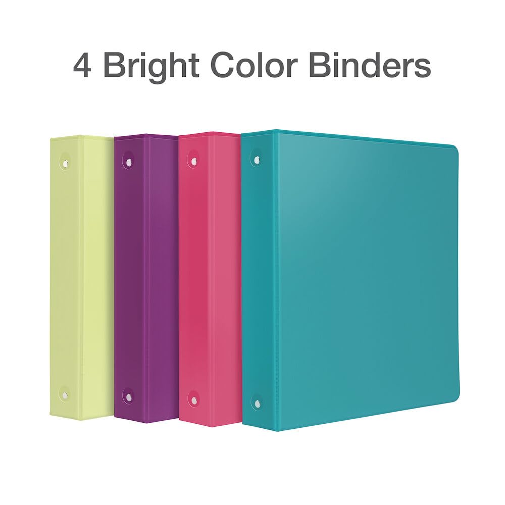 Cardinal 3 Ring Binders, Binders for School and Office, Durable 1.5 Inch, Round Rings, Holds 350 Sheets, ClearVue Presentation View, Non-Stick, Assorted Bright Colors, 4 Pack (79553)