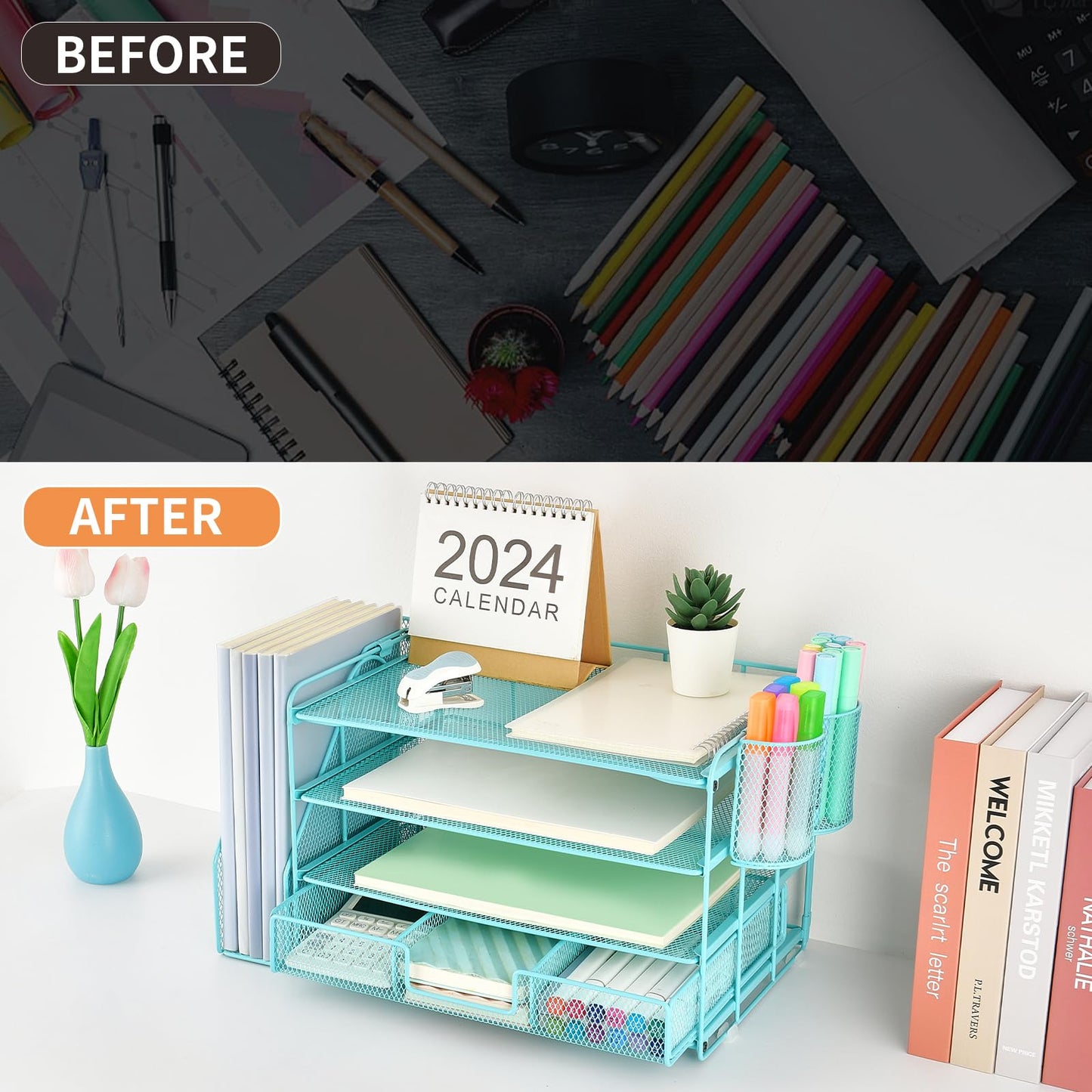 gianotter Paper Letter Tray Organizer with File Holder, 4-Tier Desk Accessories & Workspace Organizers with Drawer and 2 Pen Holder, Desk Organizers and Accessories for Office Supplies (Blue)