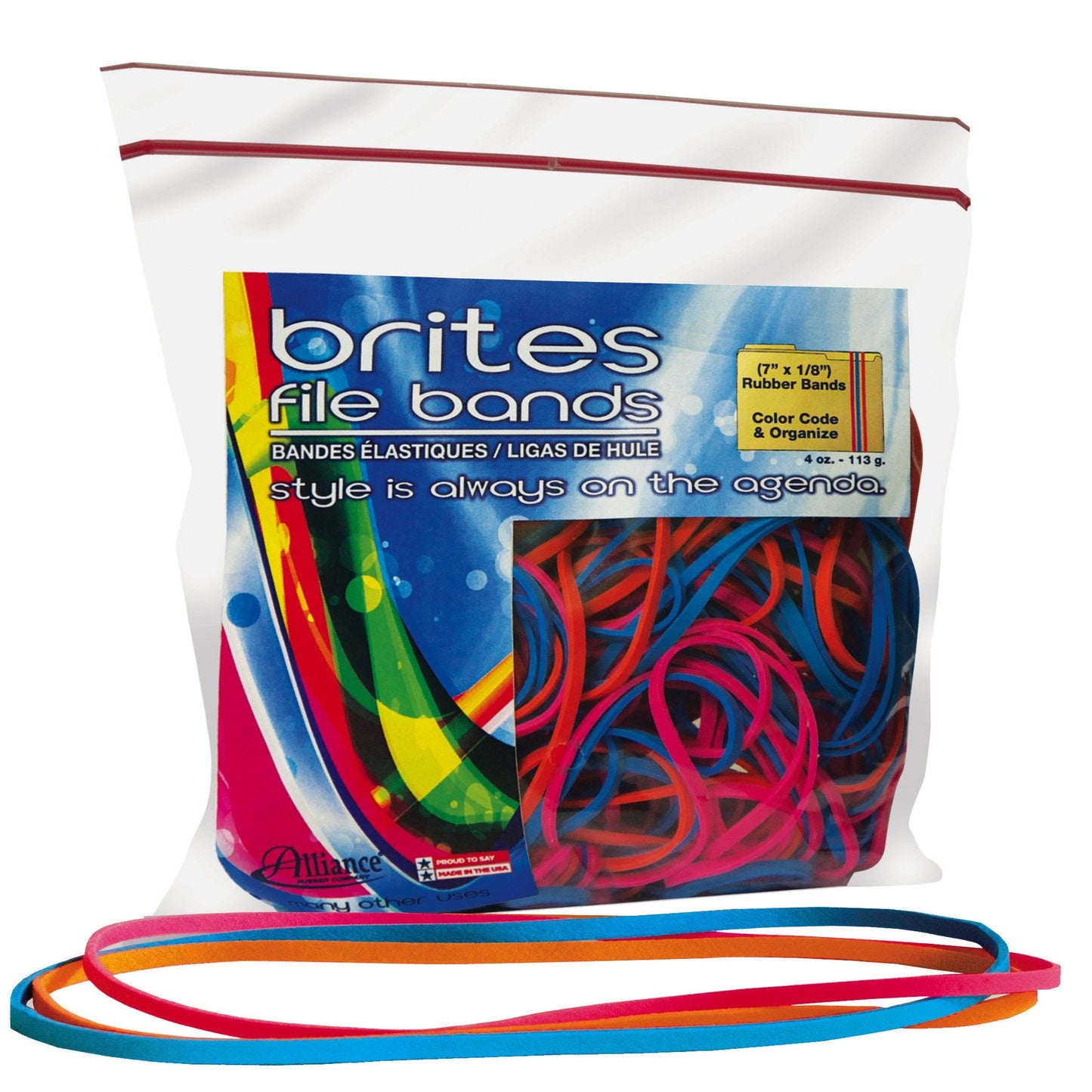 Alliance Rubber 07800 Non-Latex Brites File Bands, Colored Elastic Bands, 50 Count (Pack of 1) (7" x 1/8", Assorted Bright Colors in Resealable Bag),Blue/Orange/Pink