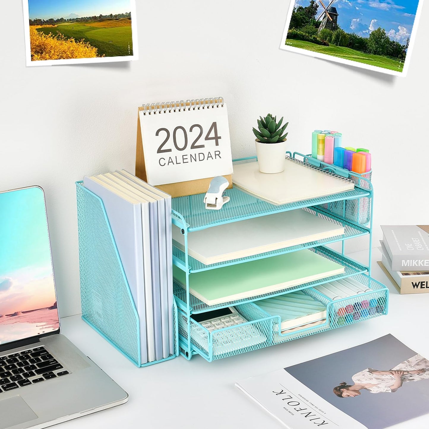 gianotter Paper Letter Tray Organizer with File Holder, 4-Tier Desk Accessories & Workspace Organizers with Drawer and 2 Pen Holder, Desk Organizers and Accessories for Office Supplies (Blue)
