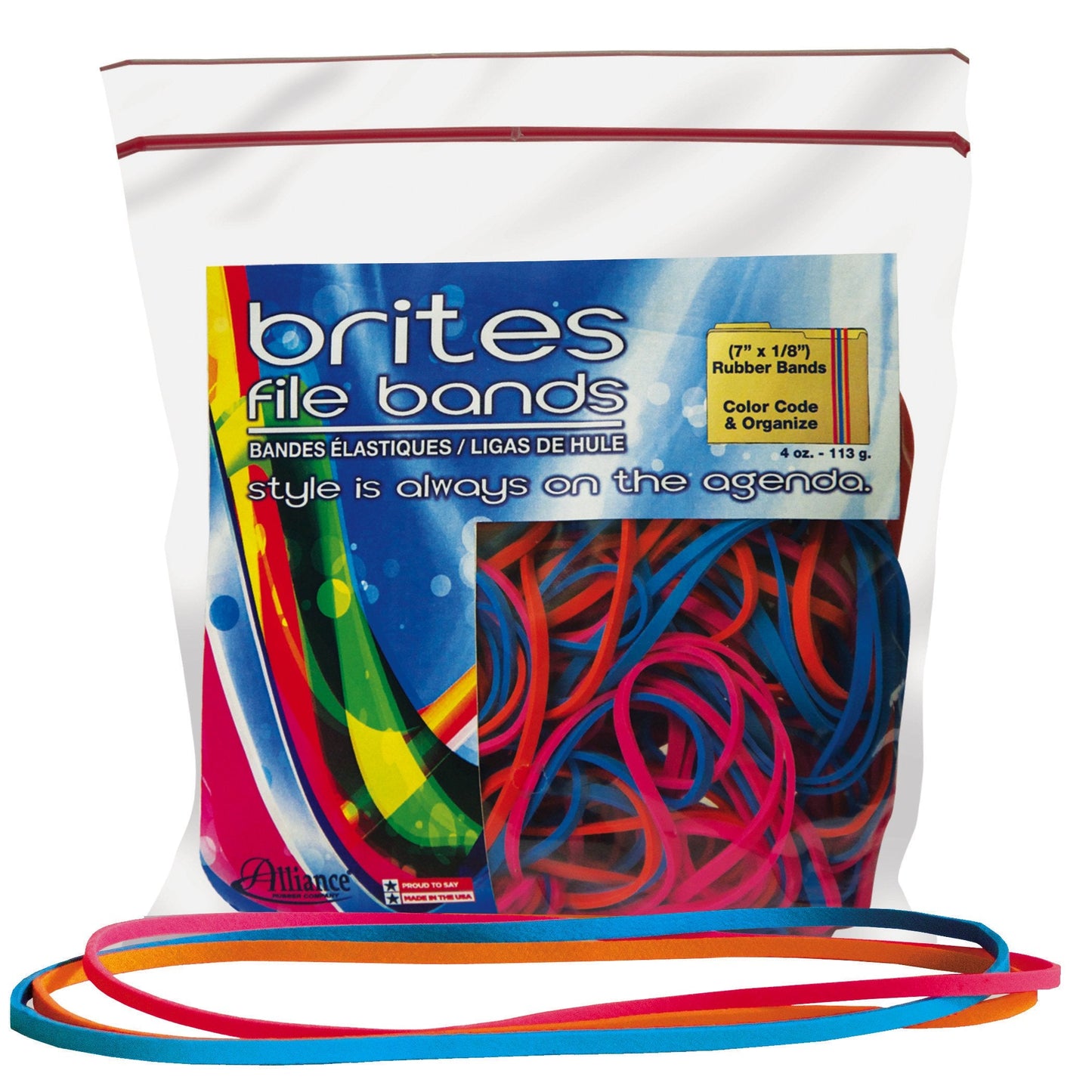 Alliance Rubber 07800 Non-Latex Brites File Bands, Colored Elastic Bands, 50 Count (Pack of 1) (7" x 1/8", Assorted Bright Colors in Resealable Bag),Blue/Orange/Pink