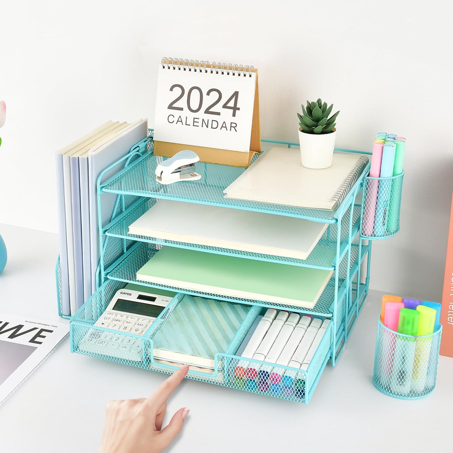 gianotter Paper Letter Tray Organizer with File Holder, 4-Tier Desk Accessories & Workspace Organizers with Drawer and 2 Pen Holder, Desk Organizers and Accessories for Office Supplies (Blue)