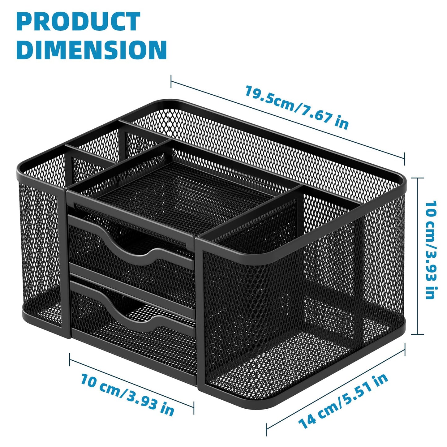 Marbrasse Mesh Desk Organizer, Pen Organizer with 2 Drawer, Multi-Functional Pencil Holder for Desk, Desk Organizers and Accessories with 5 Compartments + Drawer for Office Art Supplies (Black)