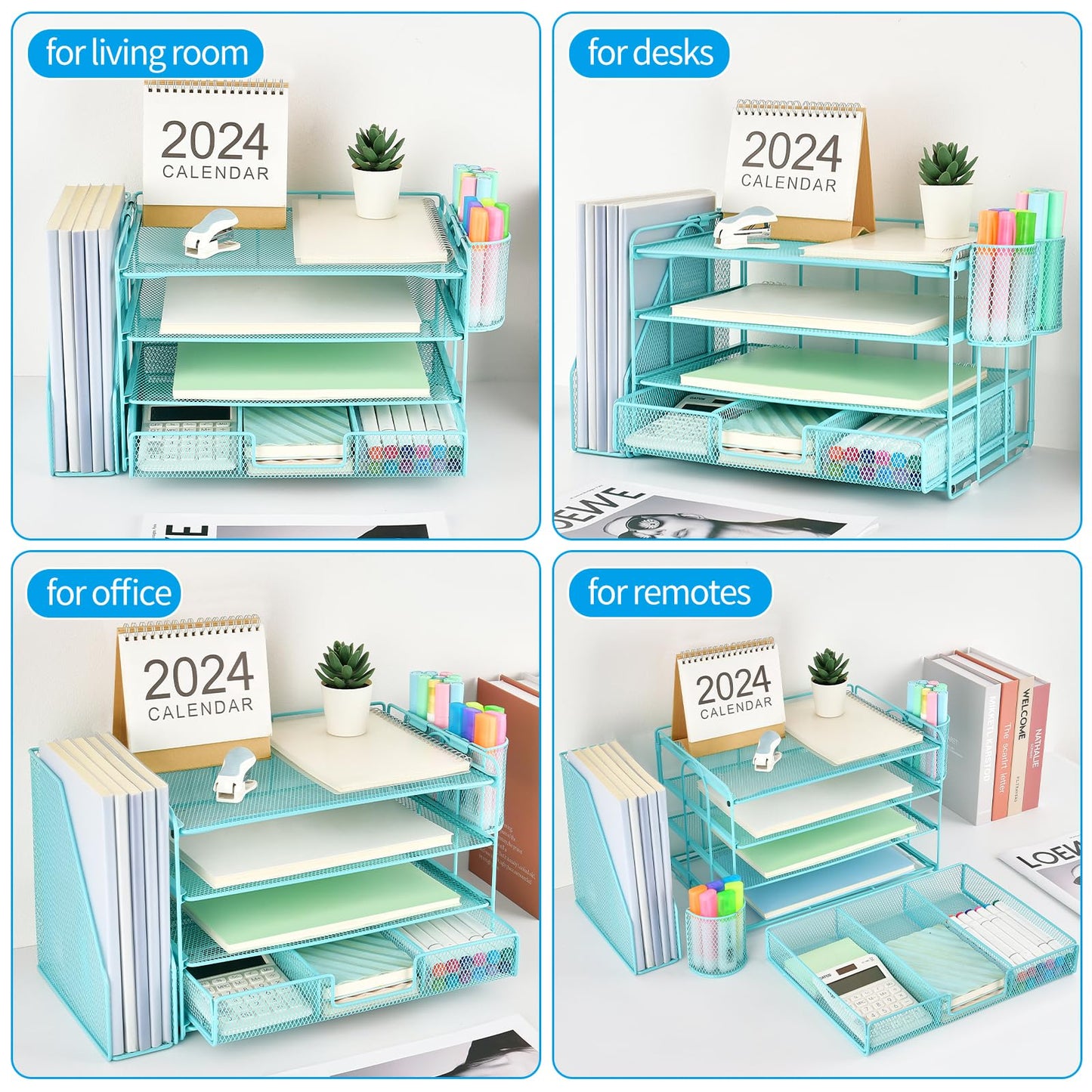 gianotter Paper Letter Tray Organizer with File Holder, 4-Tier Desk Accessories & Workspace Organizers with Drawer and 2 Pen Holder, Desk Organizers and Accessories for Office Supplies (Blue)