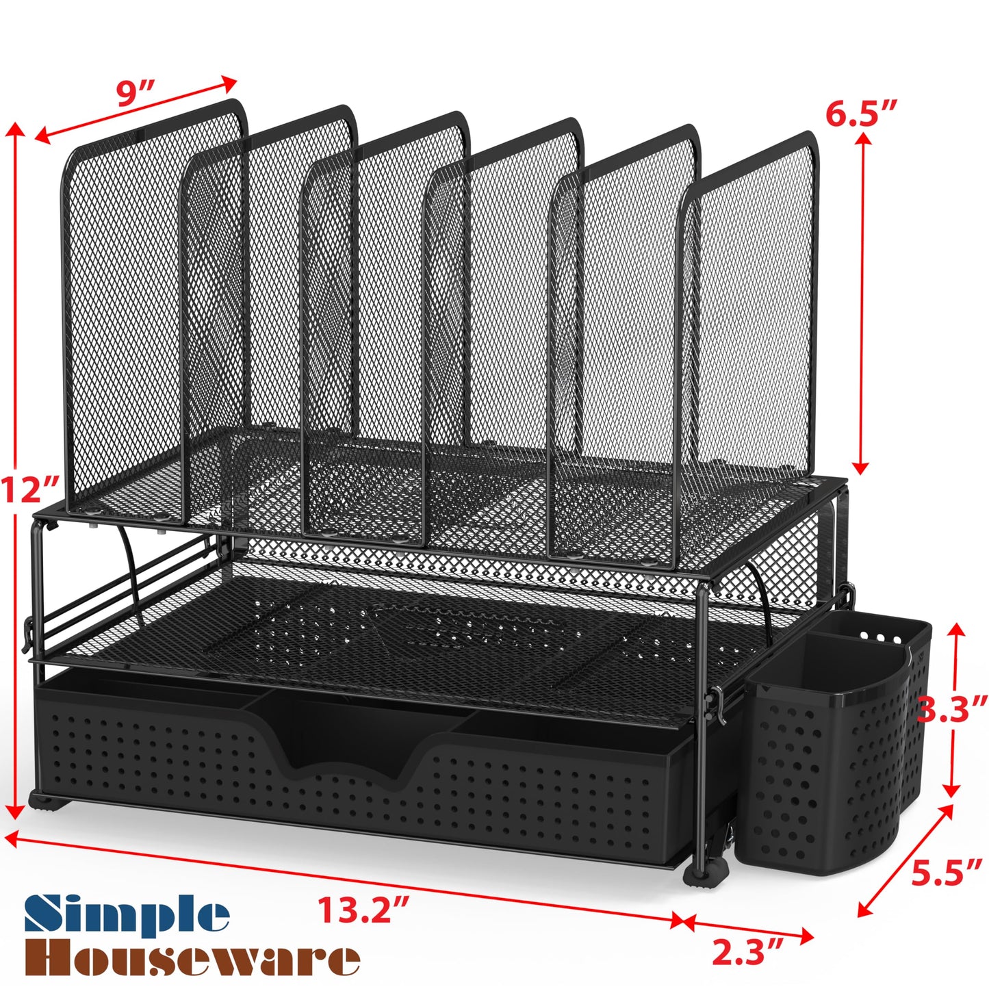 Houseware Mesh Desk Organizer with Sliding Drawer, Double Tray and 5 Upright Sections, Black