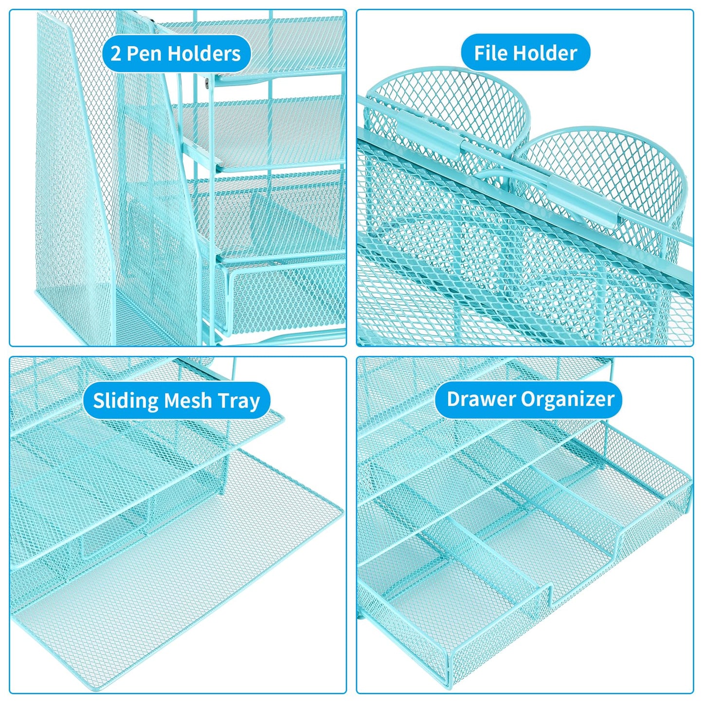 gianotter Paper Letter Tray Organizer with File Holder, 4-Tier Desk Accessories & Workspace Organizers with Drawer and 2 Pen Holder, Desk Organizers and Accessories for Office Supplies (Blue)