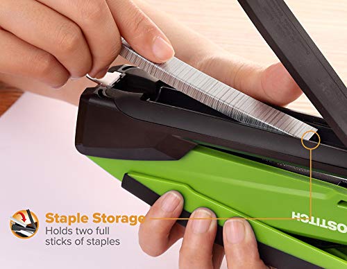 Bostitch Office InPower Spring-Powered Desktop Stapler, 20 Sheet Capacity, One Finger Stapling, Includes 210 Staples, Jam Free, Opens for Tacking, Green