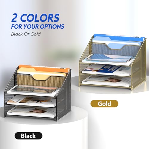 Samstar Desk File Organizer, Mesh Letter File Folder Holder with 3 Paper Trays and 2 Vertical Upright Section, Black.