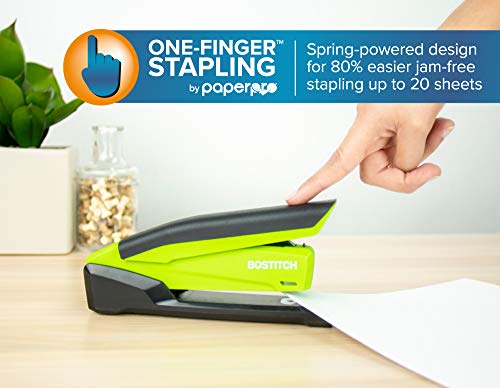 Bostitch Office InPower Spring-Powered Desktop Stapler, 20 Sheet Capacity, One Finger Stapling, Includes 210 Staples, Jam Free, Opens for Tacking, Green