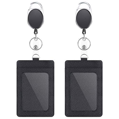 2 Pack Badge Holders and Heavy Duty Retractable Reel Clips Set, Vertical Leather ID Badge Holders with 1 Clear ID Window & 2 Credit Card Slots (Black-2pcs)