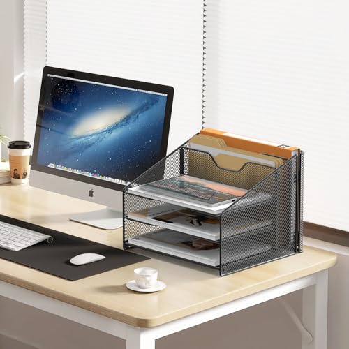 Samstar Desk File Organizer, Mesh Letter File Folder Holder with 3 Paper Trays and 2 Vertical Upright Section, Black.