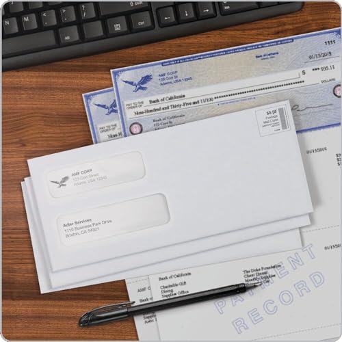 Quality Park #8 5/8 Double-Window Security Envelopes, Self-Sealing, Tamper Evident, For Checks, Payroll, 24 lb White Wove, 3-5/8 x 8-5/8 Inches, 500/Box (QUA67539)