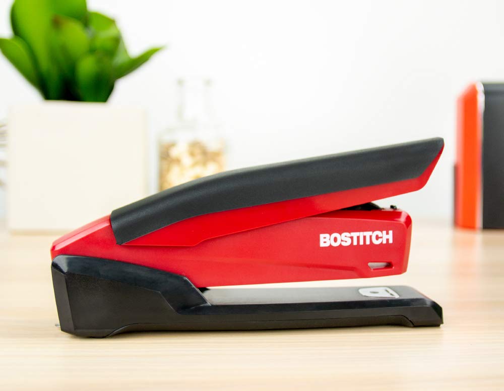 Bostitch Office Executive 3 in 1 Stapler, Includes 210 Staples and Integrated Staple Remover, One Finger Stapling, No Effort, 20 Sheet Capacity, Spring Powered Stapler, Red