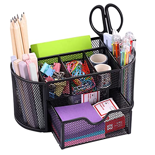 EOOUT Desk Organizer, Pencil Holder for Desk, Mesh Office Desk Accessories with 8 Compartments and 1 Drawer Stationery Holder School Supplies