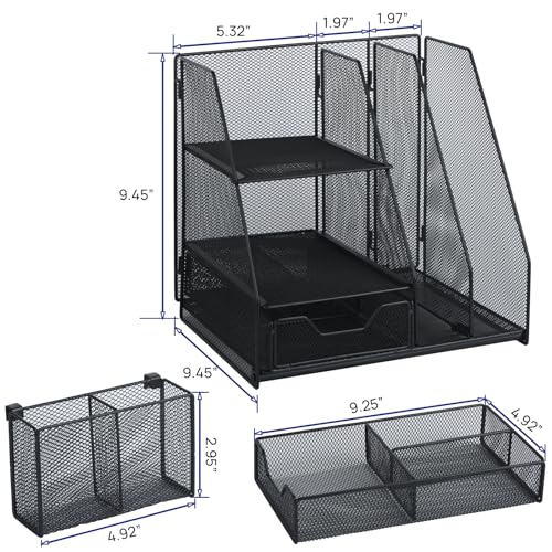 Desk Organizer, File Organizer for Desk with 2-Tier Paper Letter Tray, Drawer and 2 Pen Holder, Mesh Desktop Organization with Magazine Holder for Office Supplies