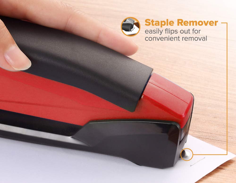 Bostitch Office Executive 3 in 1 Stapler, Includes 210 Staples and Integrated Staple Remover, One Finger Stapling, No Effort, 20 Sheet Capacity, Spring Powered Stapler, Red