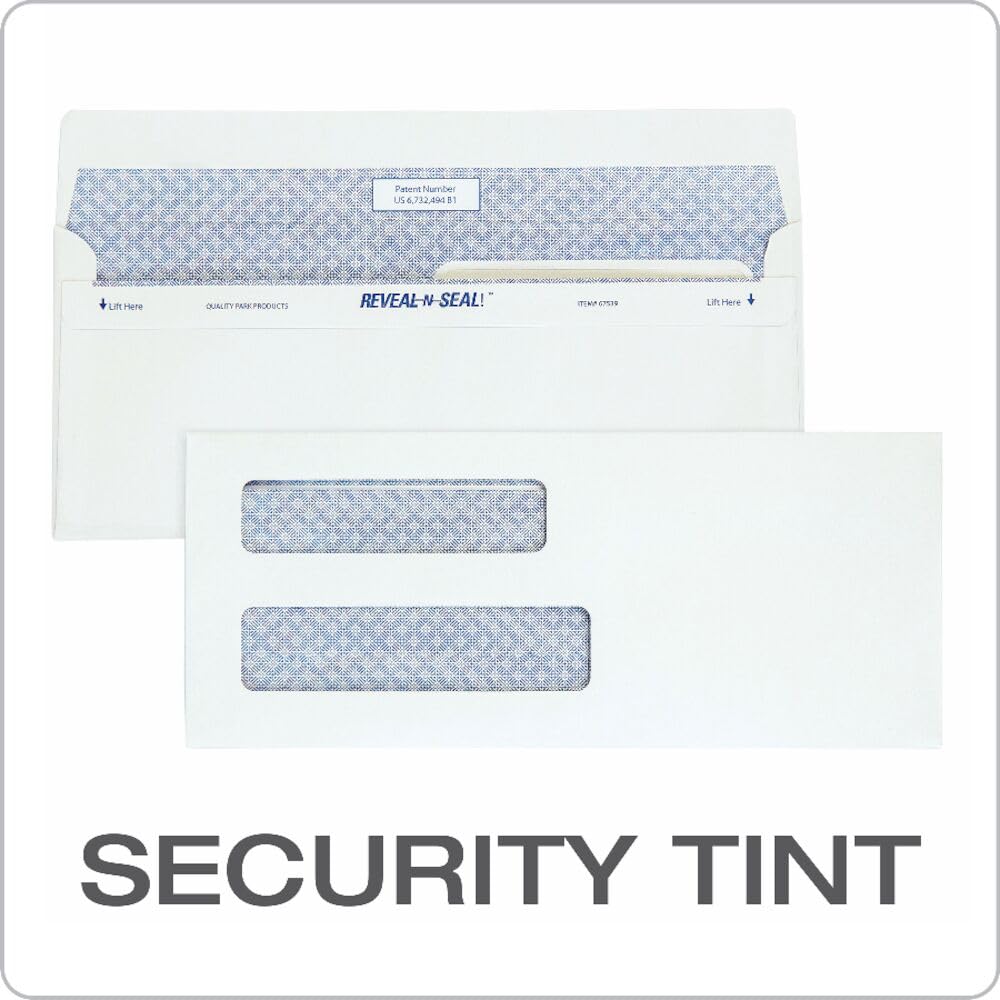 Quality Park #8 5/8 Double-Window Security Envelopes, Self-Sealing, Tamper Evident, For Checks, Payroll, 24 lb White Wove, 3-5/8 x 8-5/8 Inches, 500/Box (QUA67539)