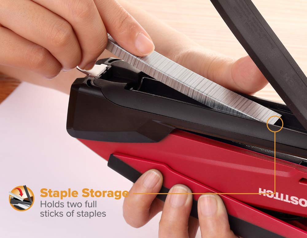 Bostitch Office Executive 3 in 1 Stapler, Includes 210 Staples and Integrated Staple Remover, One Finger Stapling, No Effort, 20 Sheet Capacity, Spring Powered Stapler, Red