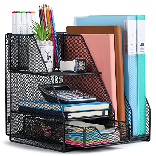 Desk Organizer, File Organizer for Desk with 2-Tier Paper Letter Tray, Drawer and 2 Pen Holder, Mesh Desktop Organization with Magazine Holder for Office Supplies