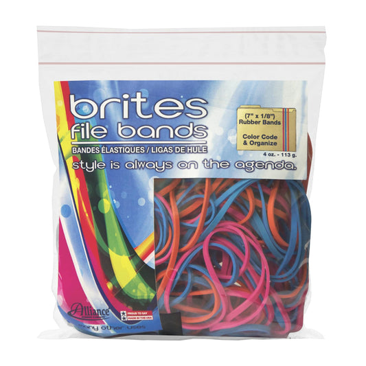 Alliance Rubber 07800 Non-Latex Brites File Bands, Colored Elastic Bands, 50 Count (Pack of 1) (7" x 1/8", Assorted Bright Colors in Resealable Bag),Blue/Orange/Pink