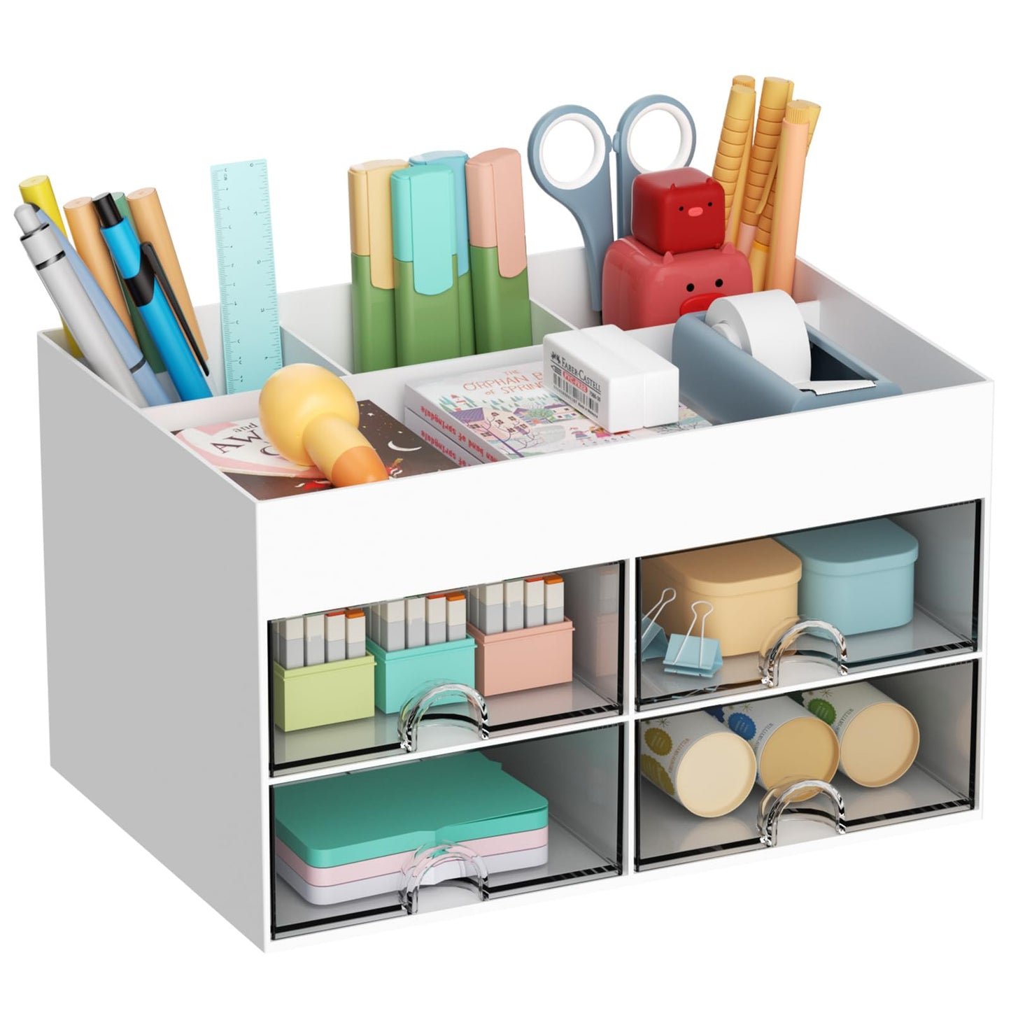 Marbrasse Pen Organizer with 4 Drawer, Multi-Functional Pencil Holder for Desk, Desk Organizers and Accessories with 4 Compartments + Drawer for Office Art Supplies (White)