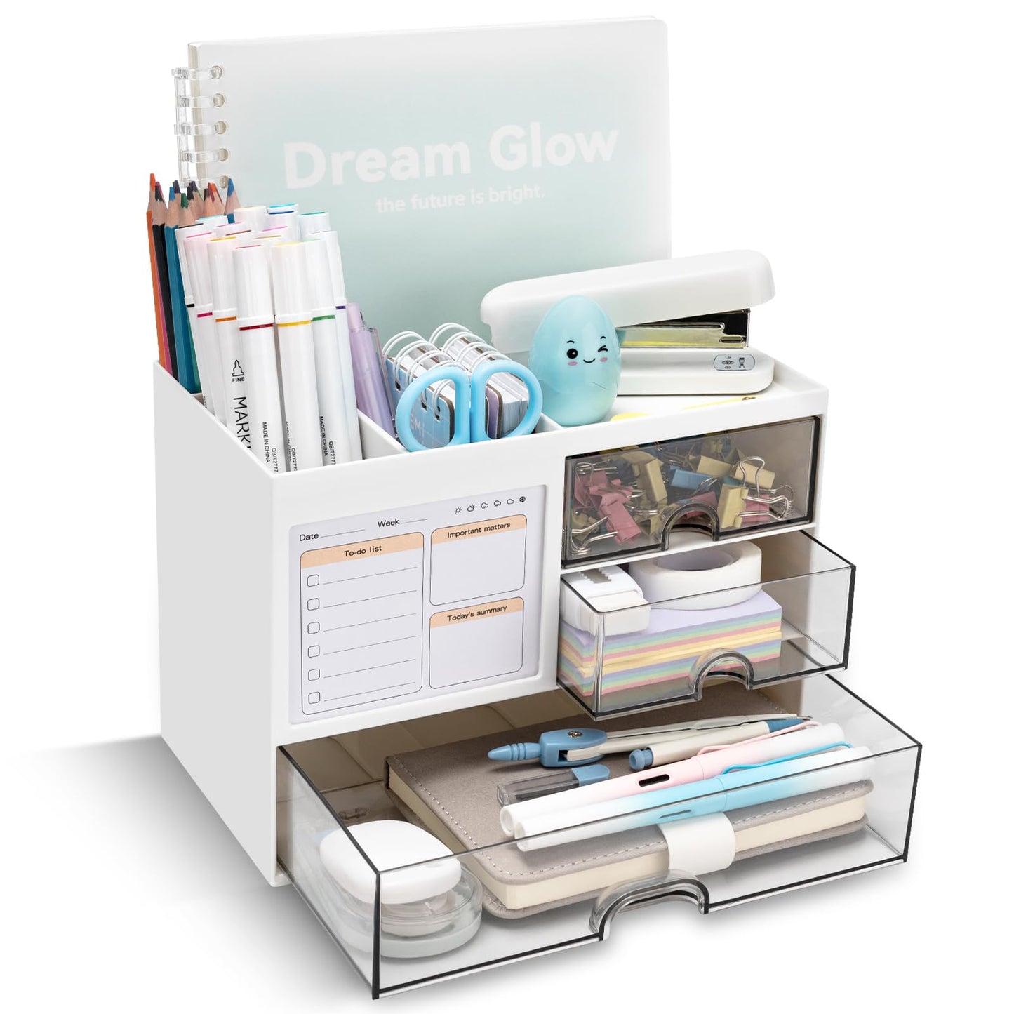 QIYVLOS Desk Organizer with 3 Drawer, Multi-Functional Pencil Pen Holder for Desk, Desk Organizers and Storage with 8 Compartments, Desktop Organizer for Office Home Art Supplies (White)