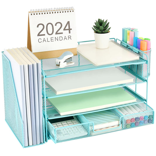 gianotter Paper Letter Tray Organizer with File Holder, 4-Tier Desk Accessories & Workspace Organizers with Drawer and 2 Pen Holder, Desk Organizers and Accessories for Office Supplies (Blue)