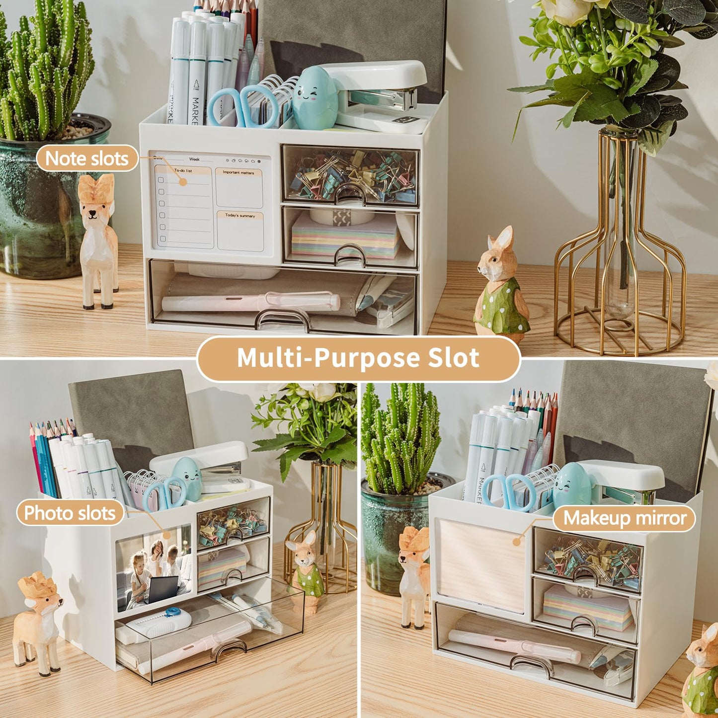 QIYVLOS Desk Organizer with 3 Drawer, Multi-Functional Pencil Pen Holder for Desk, Desk Organizers and Storage with 8 Compartments, Desktop Organizer for Office Home Art Supplies (White)