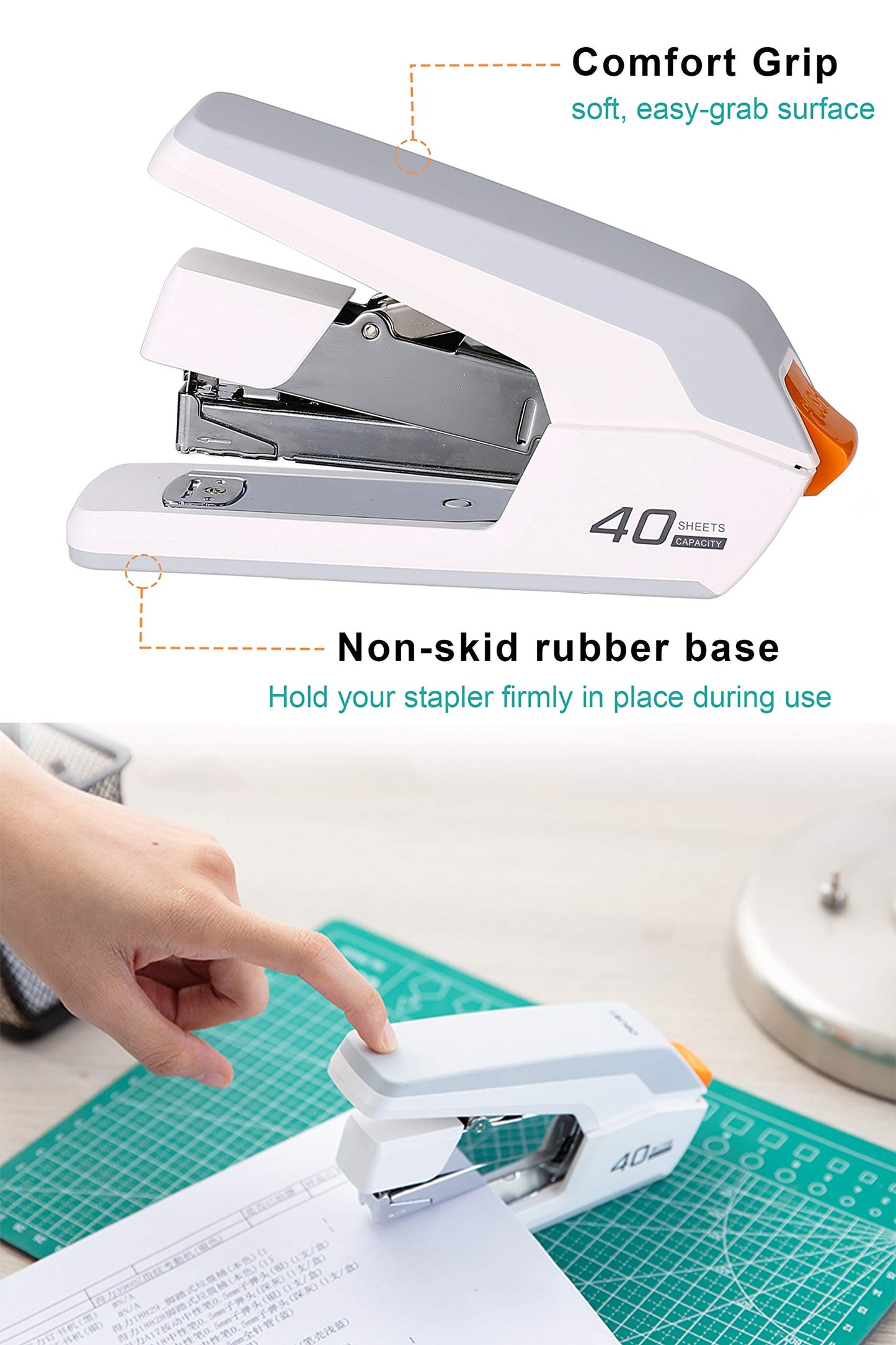 Deli Effortless Desktop Stapler, 40 Sheet Capacity, One Finger Touch Stapling, Easy to Load Ergonomic Heavy Duty Stapler, Includes 1500 Staples and Staple Remover