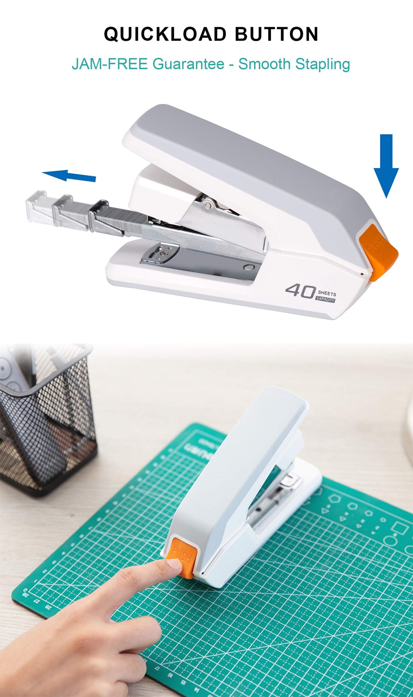 Deli Effortless Desktop Stapler, 40 Sheet Capacity, One Finger Touch Stapling, Easy to Load Ergonomic Heavy Duty Stapler, Includes 1500 Staples and Staple Remover