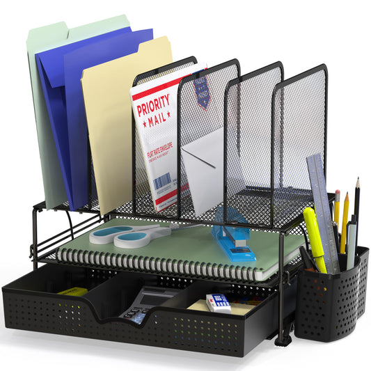 Houseware Mesh Desk Organizer with Sliding Drawer, Double Tray and 5 Upright Sections, Black